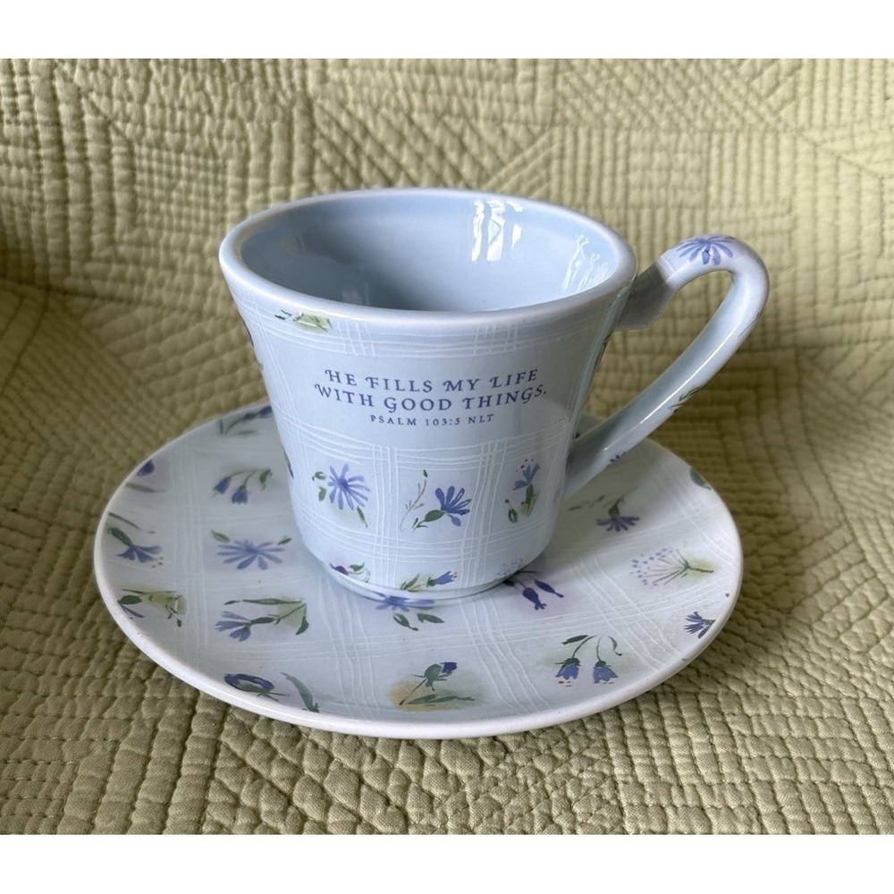 Dayspring Cup & Saucer Light Blue Floral Psalm 103:5 He Fills My Life With Good